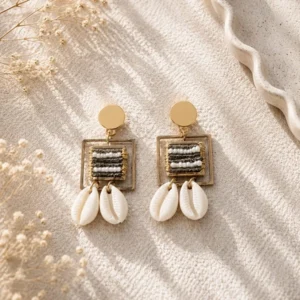 Black & White Beaded Shell Earrings