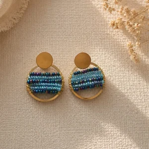 Blue Multicolor Beaded Round Earrings