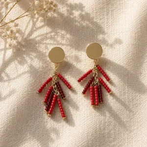 Red Beaded Fan Earrings