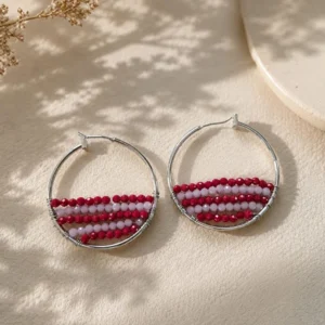 Red & White Beaded Hoop Earrings
